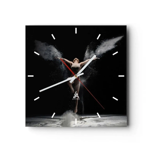 Reloj de pared - Reloj de vidrio - Una bailarina en movimiento con un llamativo efecto de polvo sobre un fondo negro. - 30x30cm - Los duendes existen - Decoración de pared moderna para salón y dormitorio ARTTOR
