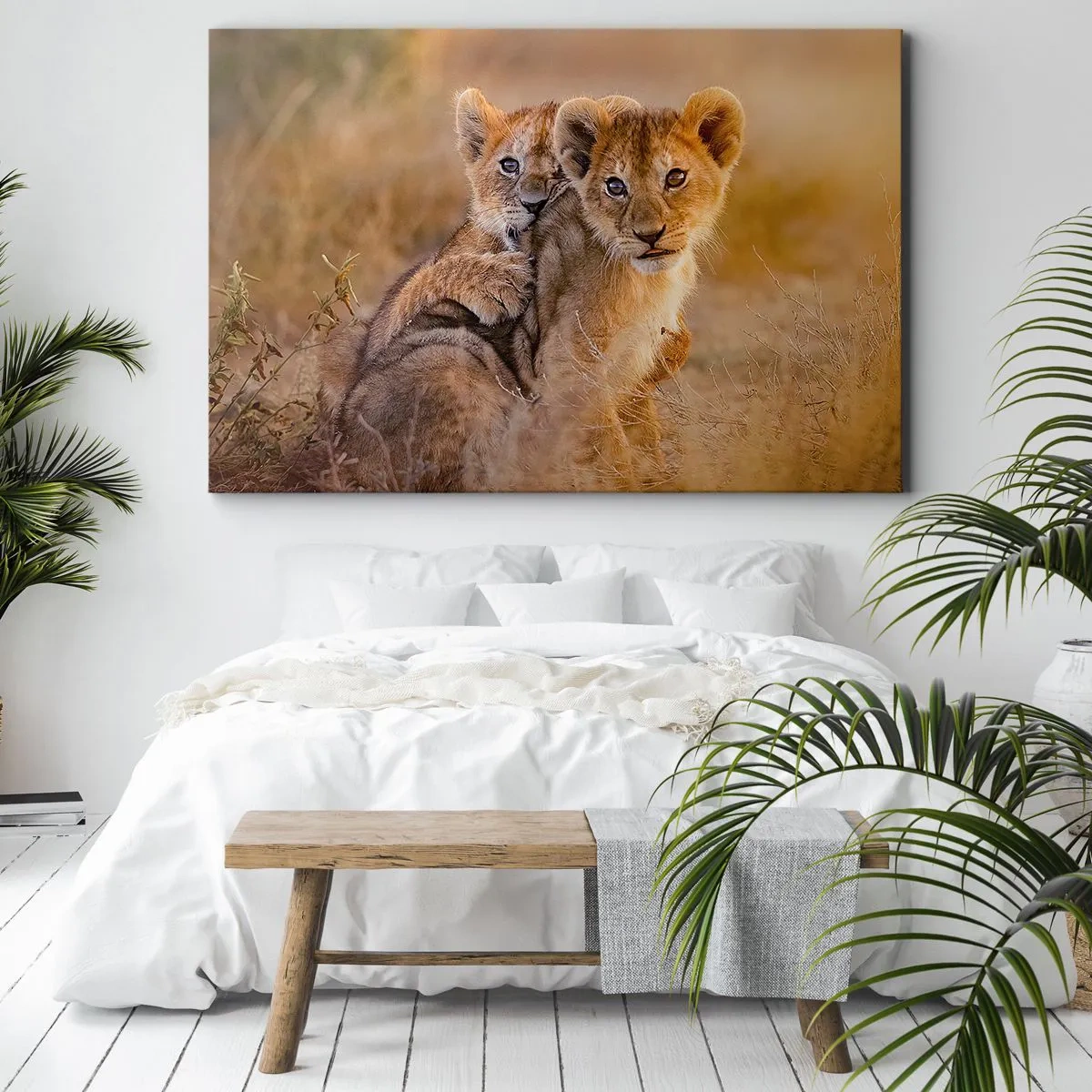 Cuadro sobre lienzo - Impresión de Imagen - Adorables cachorros de león en su entorno natural. - 120x80cm - ¡No molestar! Nos estamos divirtiendo - Decoración de pared moderna para salón y dormitorio ARTTOR
