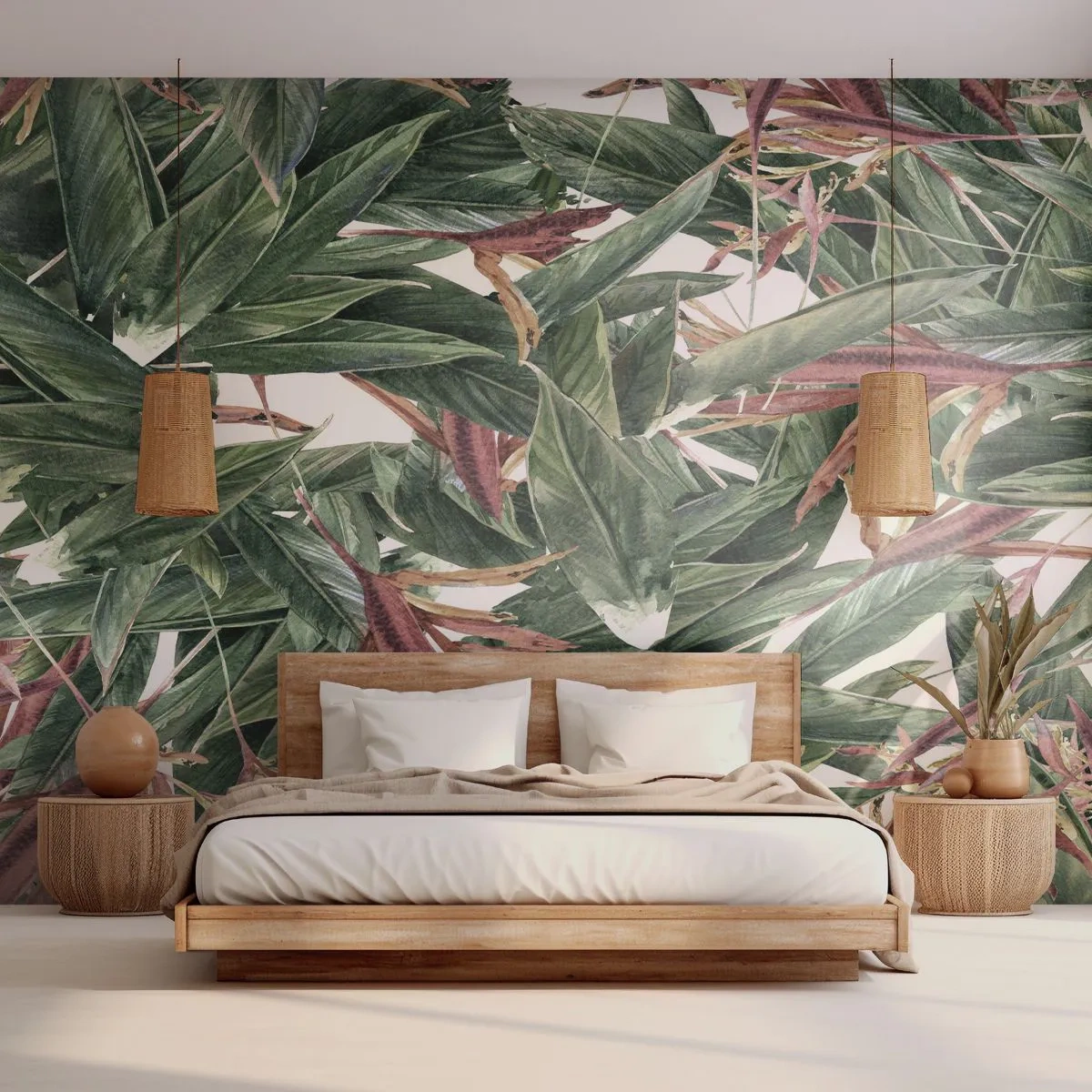 Fotomural Premium Canvas - Naturaleza esmeralda y lila - flores, Hawai, Hojas - 450x315 cm