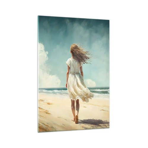 Cuadro sobre vidrio - Impresiones sobre Vidrio - Una mujer con un vestido blanco caminando por la playa en un día soleado. - 70x100cm - Al encuentro del sol y del viento - Decoración de pared moderna para salón y dormitorio ARTTOR