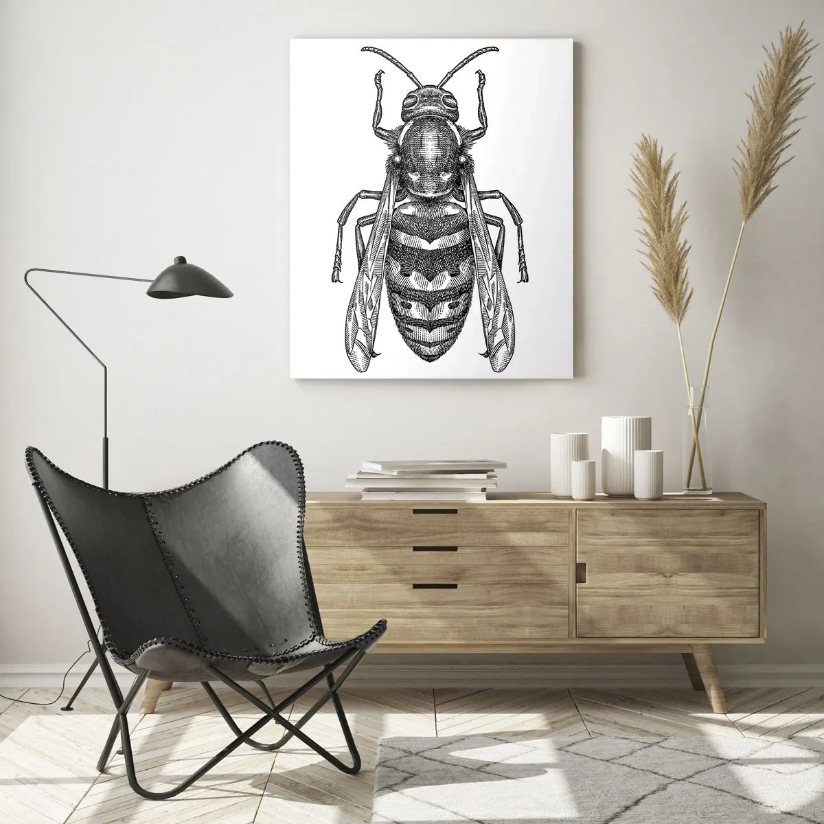 Cuadro sobre vidrio - Impresiones sobre Vidrio - Un motivo de avispa de dibujos animados sobre un fondo blanco en un estilo minimalista. - 80x120cm - Desde un planeta de insectos - Decoración de pared moderna para salón y dormitorio ARTTOR