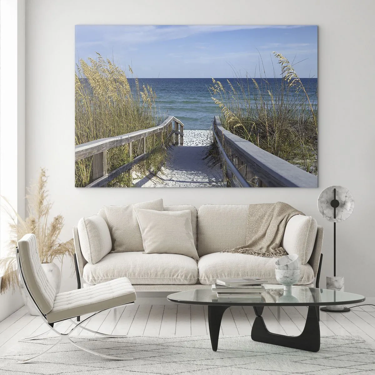Cuadro sobre vidrio - Impresiones sobre Vidrio - Camino a la playa con vistas al mar - 70x50cm - En el sol, en el viento - Decoración de pared moderna para salón y dormitorio ARTTOR