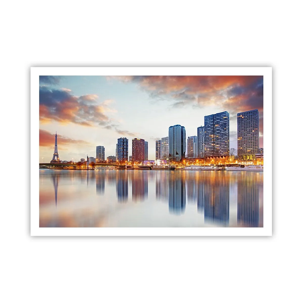 Póster - Panorama de edificios modernos y la Torre Eiffel sobre el agua - 100x70cm - La calma monumental de París - Decoración de pared moderna para salón y dormitorio ARTTOR