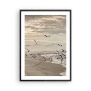 Póster en marco negro - Gaviotas revoloteando sobre la orilla del mar bajo un cielo nublado - 50x70cm - El sonido del mar, el canto de los pájaros - Decoración de pared moderna para salón y dormitorio ARTTOR
