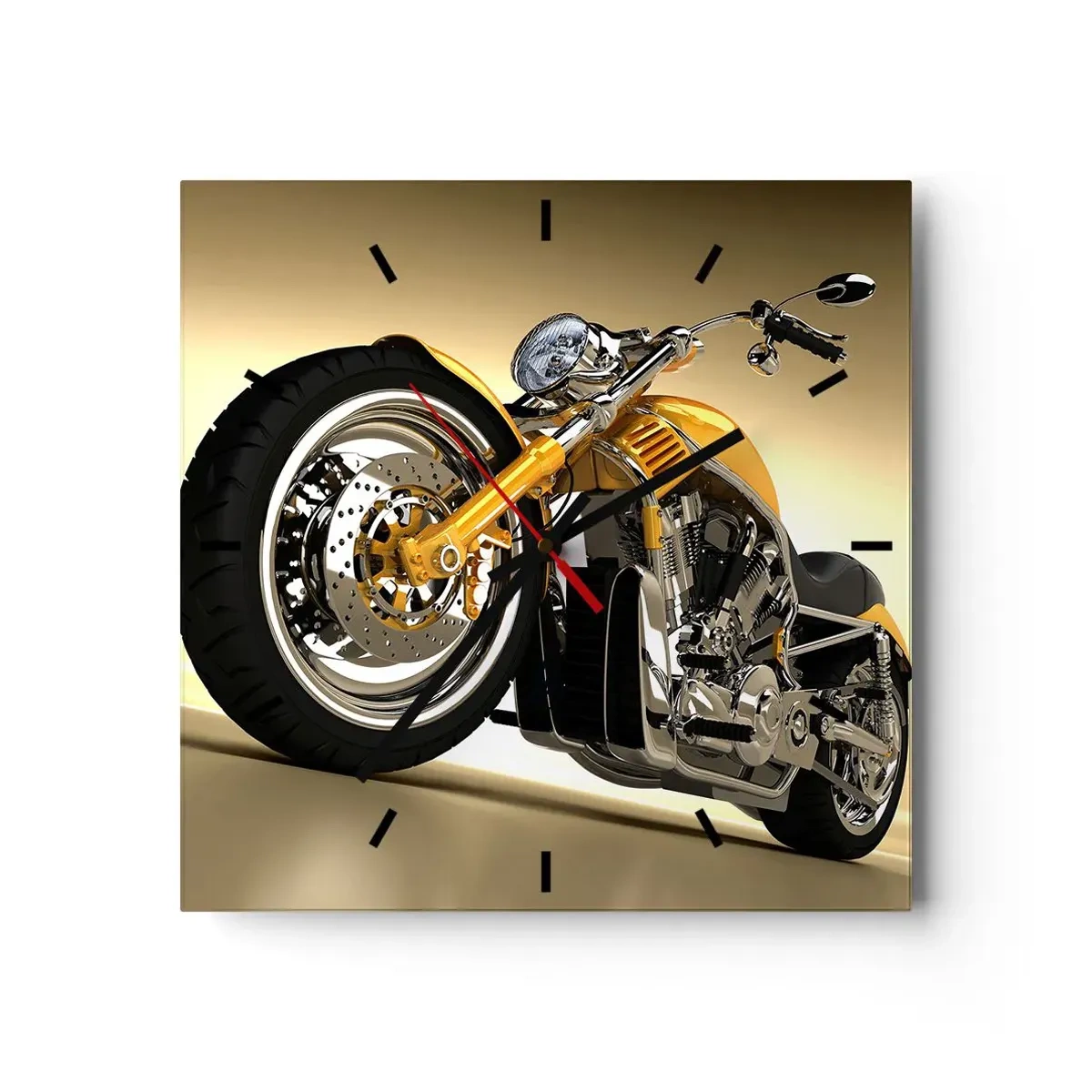 Reloj de pared - Reloj de vidrio - Una motocicleta estilo chopper amarilla contra una pared beige - 30x30cm - Un sueño de fuerza y velocidad - Decoración de pared moderna para salón y dormitorio ARTTOR