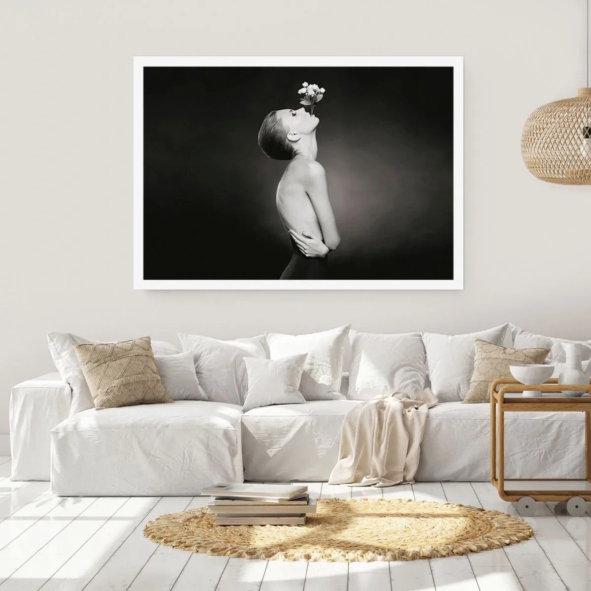 Póster - Silueta en blanco y negro de una mujer con una flor. - 100x70cm - Elegancia excéntrica - Decoración de pared moderna para salón y dormitorio ARTTOR