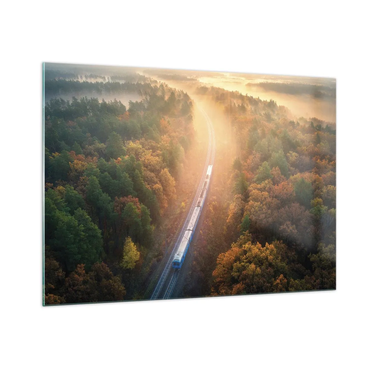 Cuadro sobre vidrio - Impresiones sobre Vidrio - Un tren en un pintoresco paisaje otoñal, lleno de calidez y nostalgia. - 100x70cm - Un viaje otoñal - Decoración de pared moderna para salón y dormitorio ARTTOR