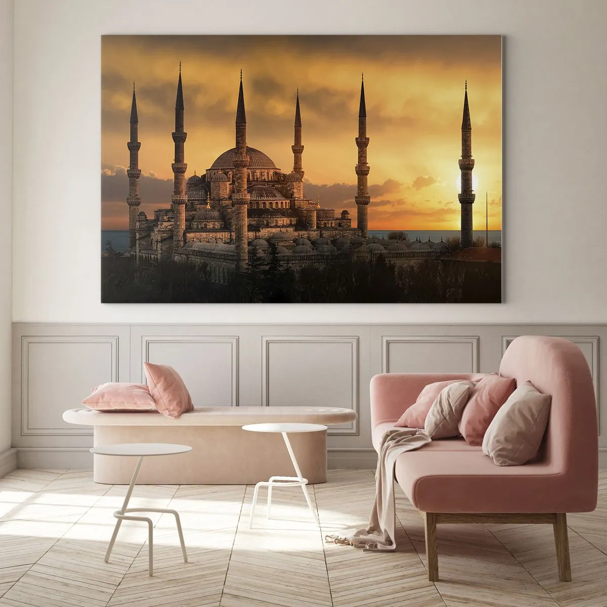 Cuadro sobre vidrio - Impresiones sobre Vidrio - La Mezquita Azul con el atardecer como telón de fondo - 70x50cm - Dios es grande - Decoración de pared moderna para salón y dormitorio ARTTOR