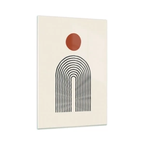 Cuadro sobre vidrio - Impresiones sobre Vidrio - Patrón abstracto moderno con líneas y un círculo rojo. - 70x100cm - Magnetismo de formas y colores - Decoración de pared moderna para salón y dormitorio ARTTOR