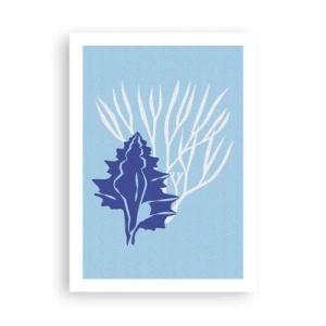 Póster - Gráfico náutico de conchas y corales sobre fondo azul. - 50x70cm - Formas frondosas - Decoración de pared moderna para salón y dormitorio ARTTOR