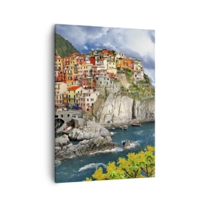 Cuadro sobre lienzo - Impresión de Imagen - Casas coloridas en un acantilado con vistas al mar en Cinque Terre - 50x70cm - En el acantilado - Decoración de pared moderna para salón y dormitorio ARTTOR