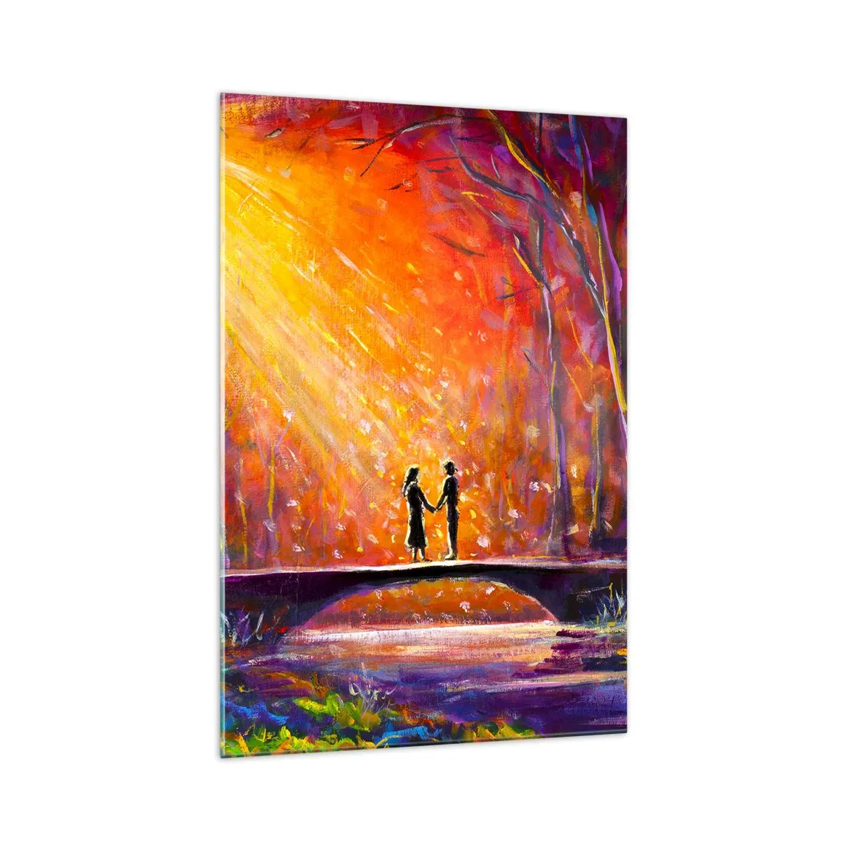 Cuadro sobre vidrio - Impresiones sobre Vidrio - Pareja romántica en un puente en el bosque otoñal - 70x100cm - El cielo también los ama - Decoración de pared moderna para salón y dormitorio ARTTOR