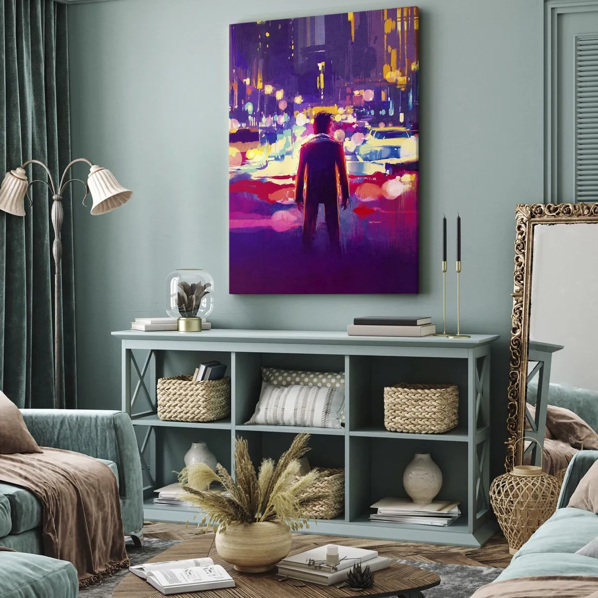 Cuadro sobre lienzo - Impresión de Imagen - Un hombre en una escena nocturna de la ciudad de neón. - 50x70cm - Inmerso en la luz - Decoración de pared moderna para salón y dormitorio ARTTOR