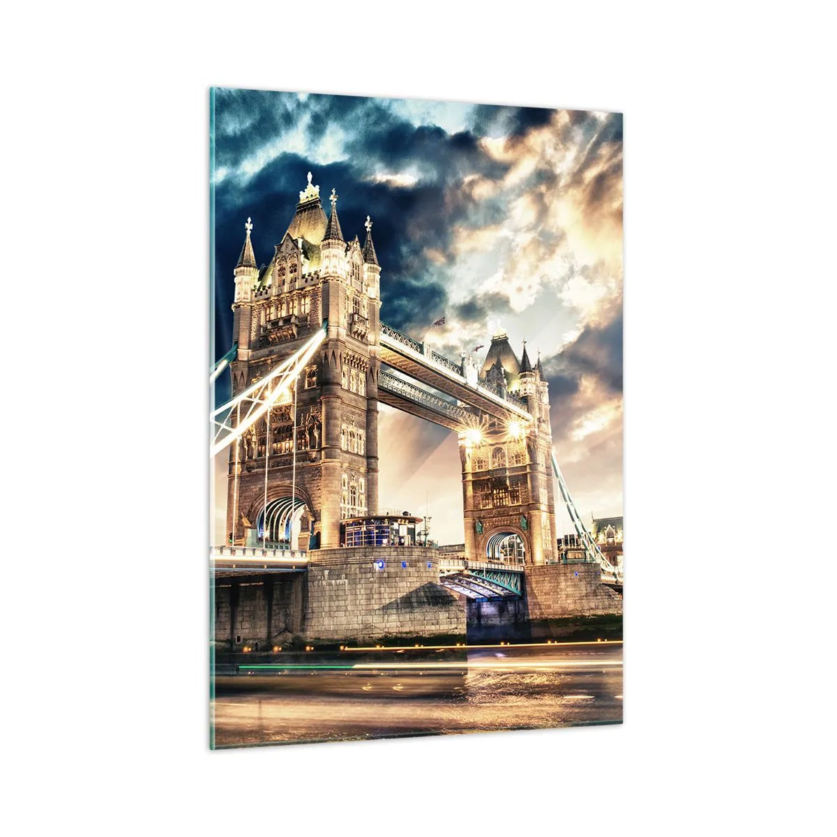 Cuadro sobre vidrio - Impresiones sobre Vidrio - El Tower Bridge de Londres bajo un cielo espectacular - 50x70cm - Un monumento a un imperio victoriano - Decoración de pared moderna para salón y dormitorio ARTTOR