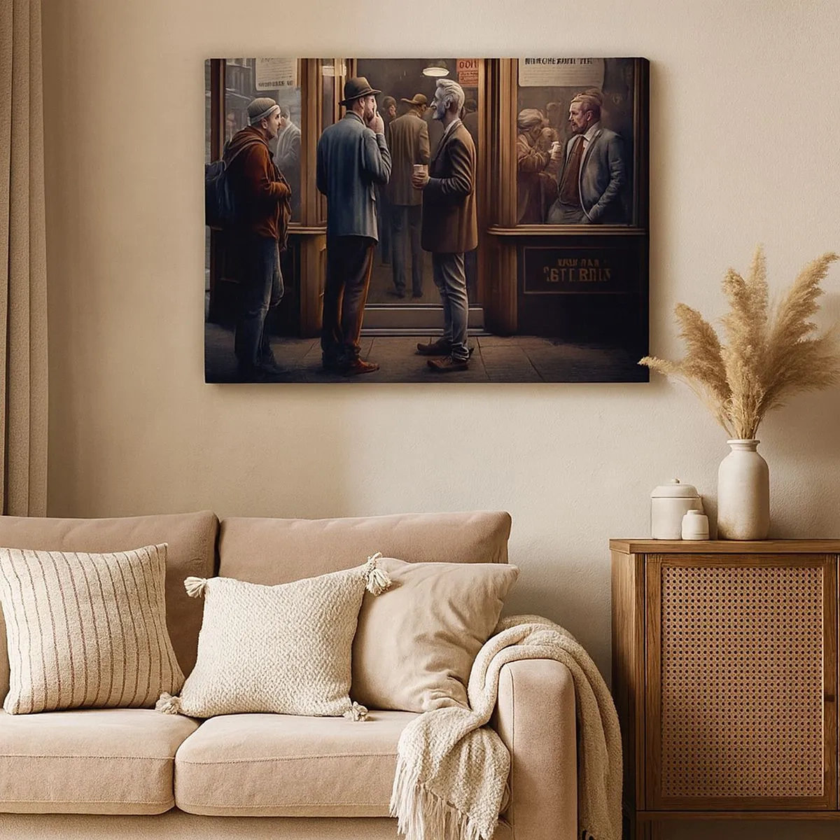 Cuadro sobre lienzo - Impresión de Imagen - Escena callejera con gente frente a un café retro. - 70x50cm - Un buen momento del día - Decoración de pared moderna para salón y dormitorio ARTTOR