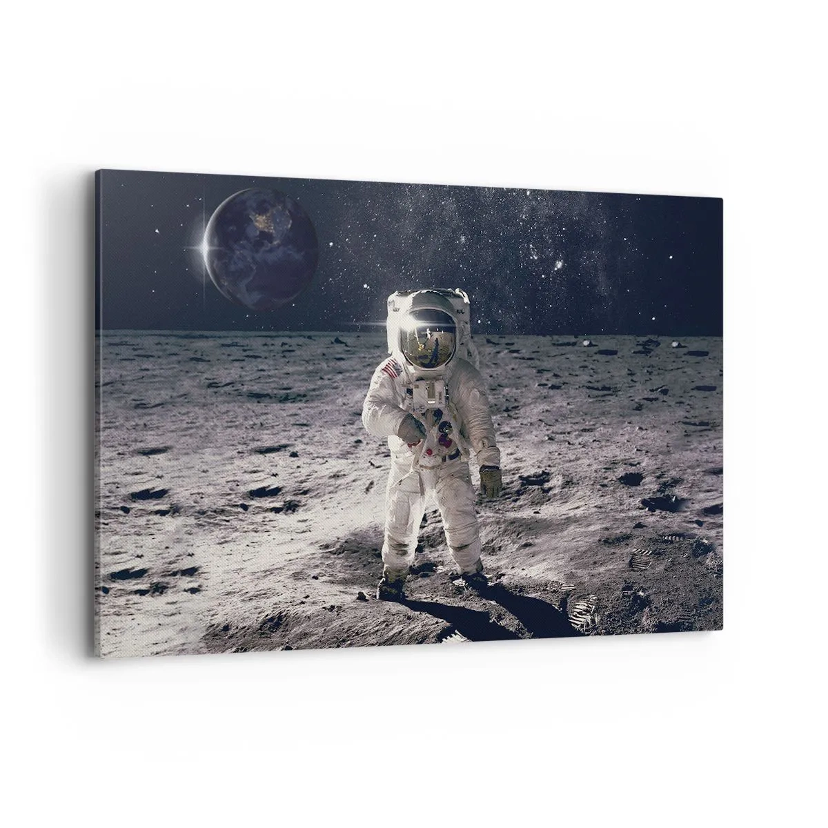 Cuadro sobre lienzo - Impresión de Imagen - Astronauta en la superficie de la Luna con la Tierra al fondo - 120x80cm - Saludos desde la Luna - Decoración de pared moderna para salón y dormitorio ARTTOR