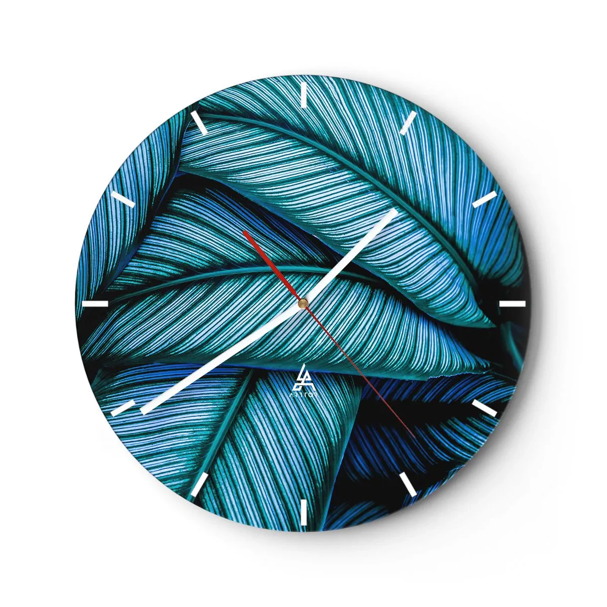 Reloj de pared - Reloj de vidrio - Primer plano de plumas en tonos turquesa y azul marino. - 30x30cm - Líneas de vida - Decoración de pared moderna para salón, cocina y dormitorio ARTTOR