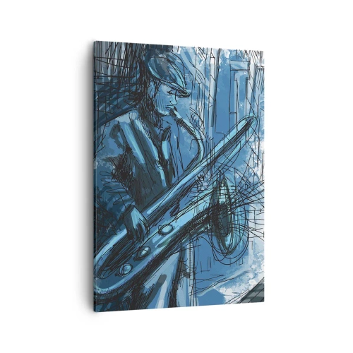 Cuadro sobre lienzo - Impresión de Imagen - Una figura tocando el saxofón con una ciudad como telón de fondo. - 50x70cm - Rapsodia urbana - Decoración de pared moderna para salón y dormitorio ARTTOR
