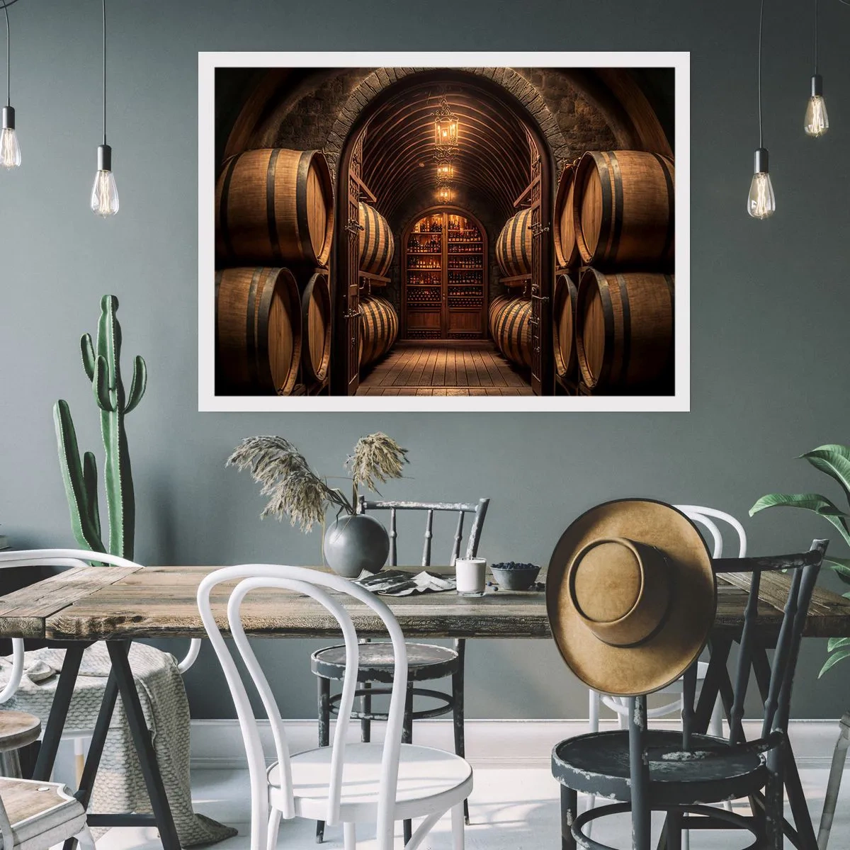Póster - Bodega con barriles de madera y estantes para vinos. - 100x70cm - Sótano atmosférico - Decoración de pared moderna para salón y dormitorio ARTTOR