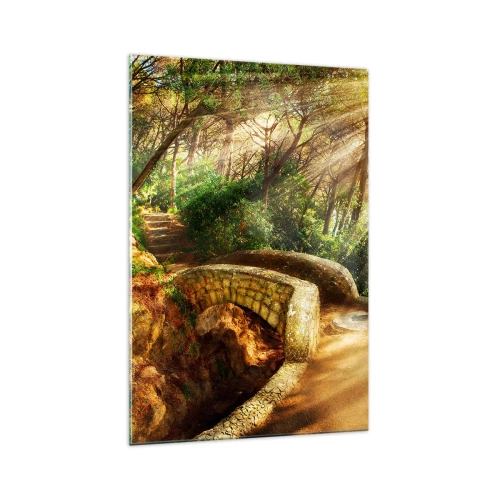 Cuadro sobre vidrio - Impresiones sobre Vidrio - Paisaje forestal con rayos de sol y un puente de piedra. - 70x100cm - Directamente desde el puente hacia el bosque de las hadas - Decoración de pared moderna para salón y dormitorio ARTTOR