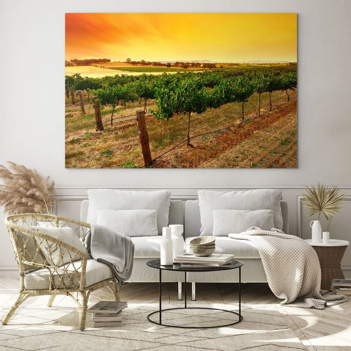 Cuadro sobre vidrio - Impresiones sobre Vidrio - Vides bajo la cálida luz del sol poniente - 120x80cm - Un trago del sol - Decoración de pared moderna para salón y dormitorio ARTTOR