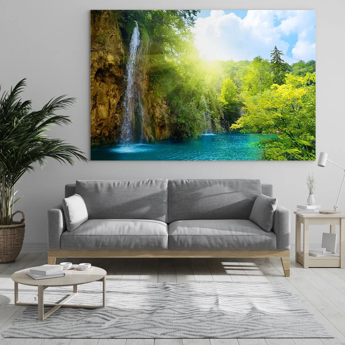Cuadro sobre vidrio - Impresiones sobre Vidrio - Una cascada que desemboca en un lago azul rodeado de vegetación. - 120x80cm - Debe ser el Edén - Decoración de pared moderna para salón y dormitorio ARTTOR