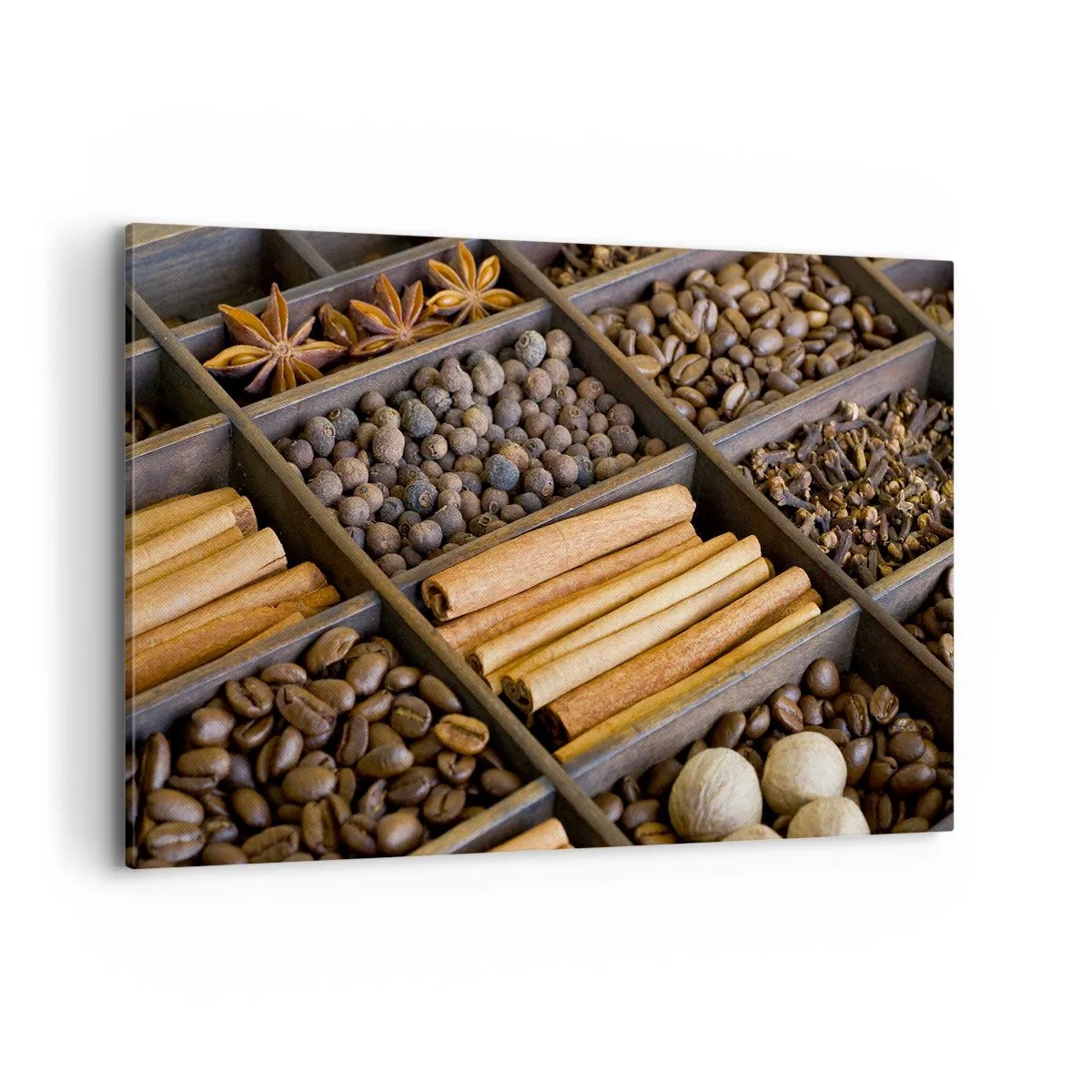 Cuadro sobre lienzo - Impresión de Imagen - Especias y café en compartimentos de madera. - 120x80cm - Un tesoro de aromas - Decoración de pared moderna para salón y dormitorio ARTTOR