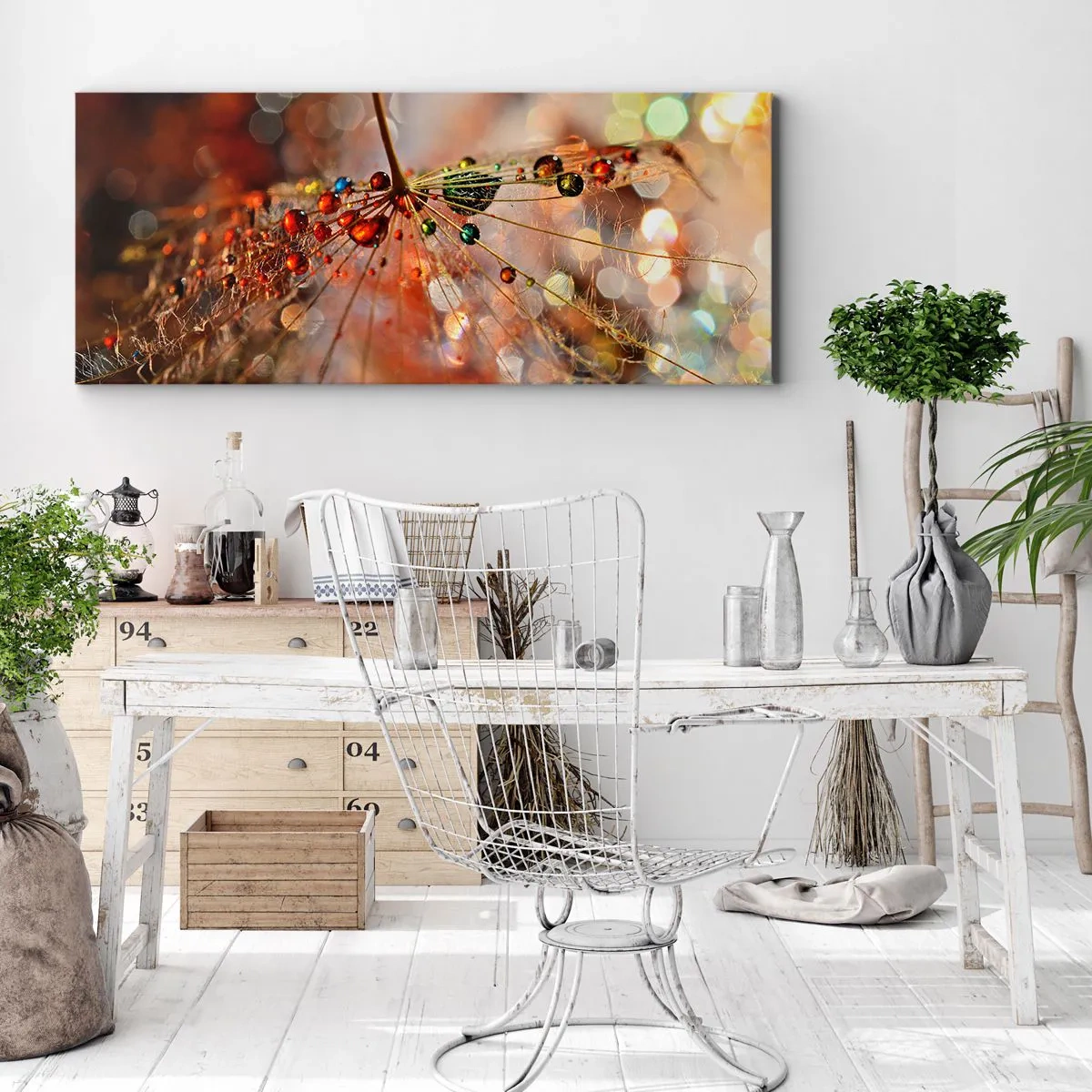 Cuadro sobre lienzo - Impresión de Imagen - Fotografía macro de una gota de agua sobre una planta delicada. - 120x50cm - En una tela de araña - Decoración de pared moderna para salón y dormitorio ARTTOR