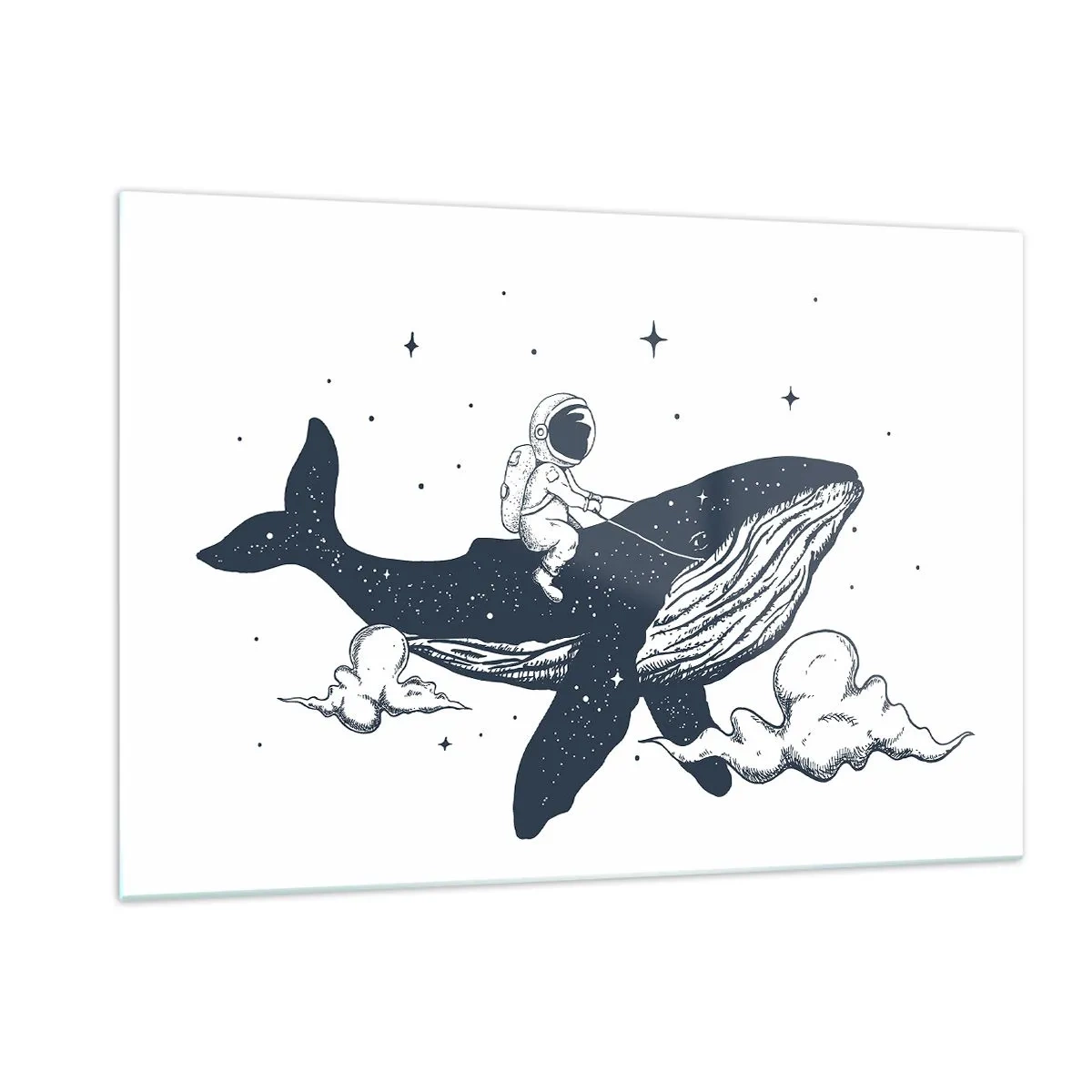 Cuadro sobre vidrio - Impresiones sobre Vidrio - Astronauta montando una ballena entre estrellas y nubes - 120x80cm - Una aventura cósmica - Decoración de pared moderna para salón y dormitorio ARTTOR