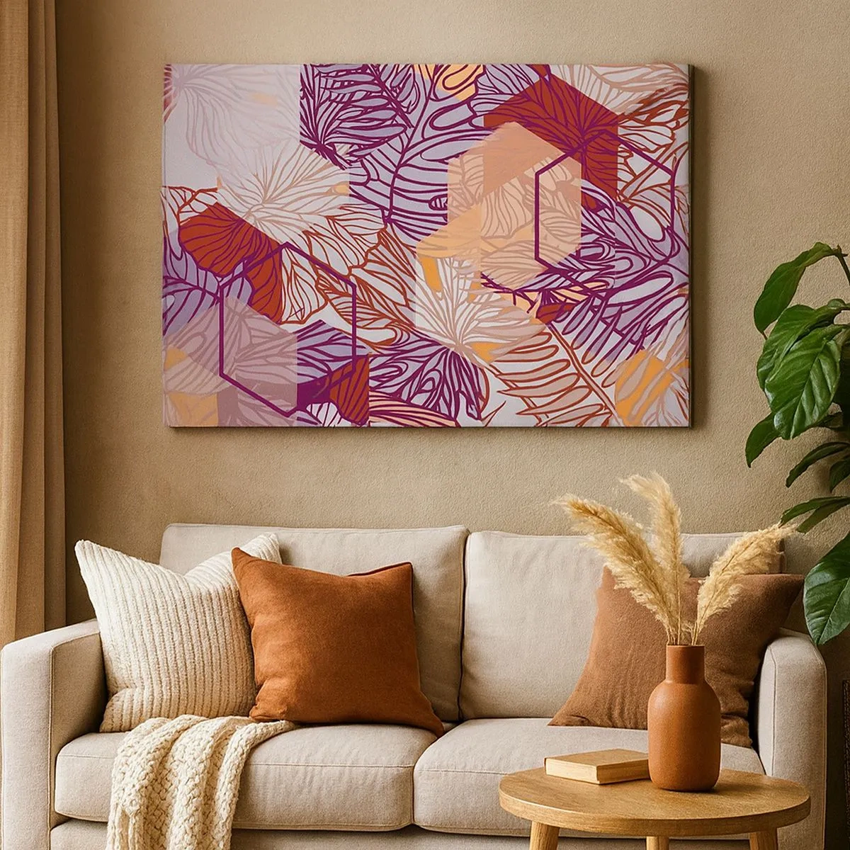 Cuadro sobre lienzo - Impresión de Imagen - Un patrón decorativo de hojas tropicales en tonos morado, naranja y beige. - 70x50cm - La unión imposible de la geometría y la naturaleza - Decoración de pared moderna para salón y dormitorio ARTTOR
