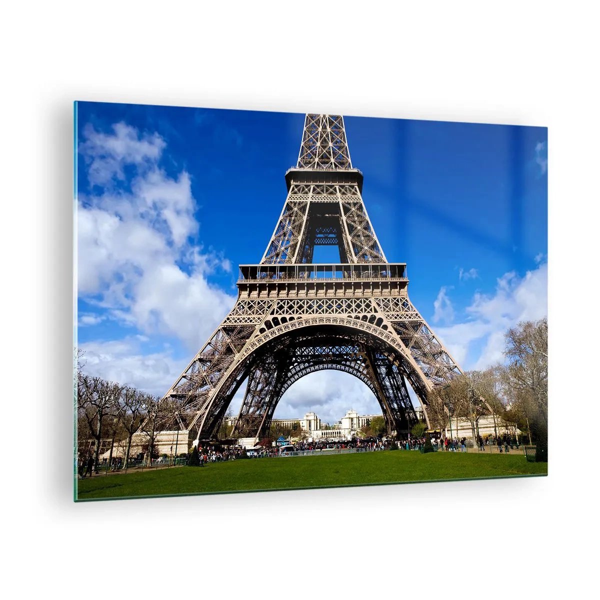 Cuadro sobre vidrio - Impresiones sobre Vidrio - La Torre Eiffel contra un cielo azul - 70x50cm - Todo París a sus pies - Decoración de pared moderna para salón y dormitorio ARTTOR