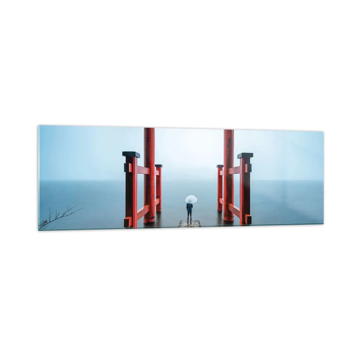 Cuadro sobre vidrio - Impresiones sobre Vidrio - Una puerta torii con vistas a un lago tranquilo en Japón - 160x50cm - Ensueño japonés - Decoración de pared moderna para salón y dormitorio ARTTOR