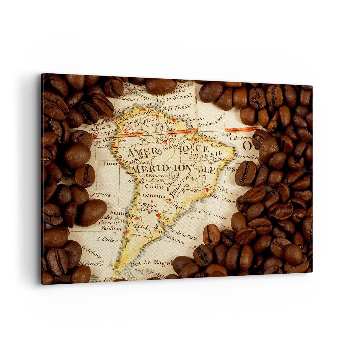 Cuadro sobre lienzo - Impresión de Imagen - Un mapa de Sudamérica rodeado de granos de café. - 100x70cm - ¿De dónde viene el mejor café? - Decoración de pared moderna para salón y dormitorio ARTTOR