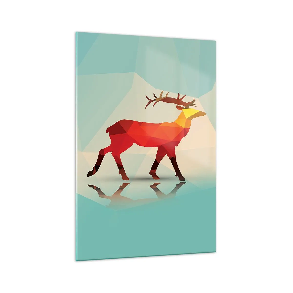 Cuadro sobre vidrio - Impresiones sobre Vidrio - Silueta geométrica de un ciervo en tonos rojos y naranjas. - 70x100cm - Ciervo geométrico - Decoración de pared moderna para salón y dormitorio ARTTOR