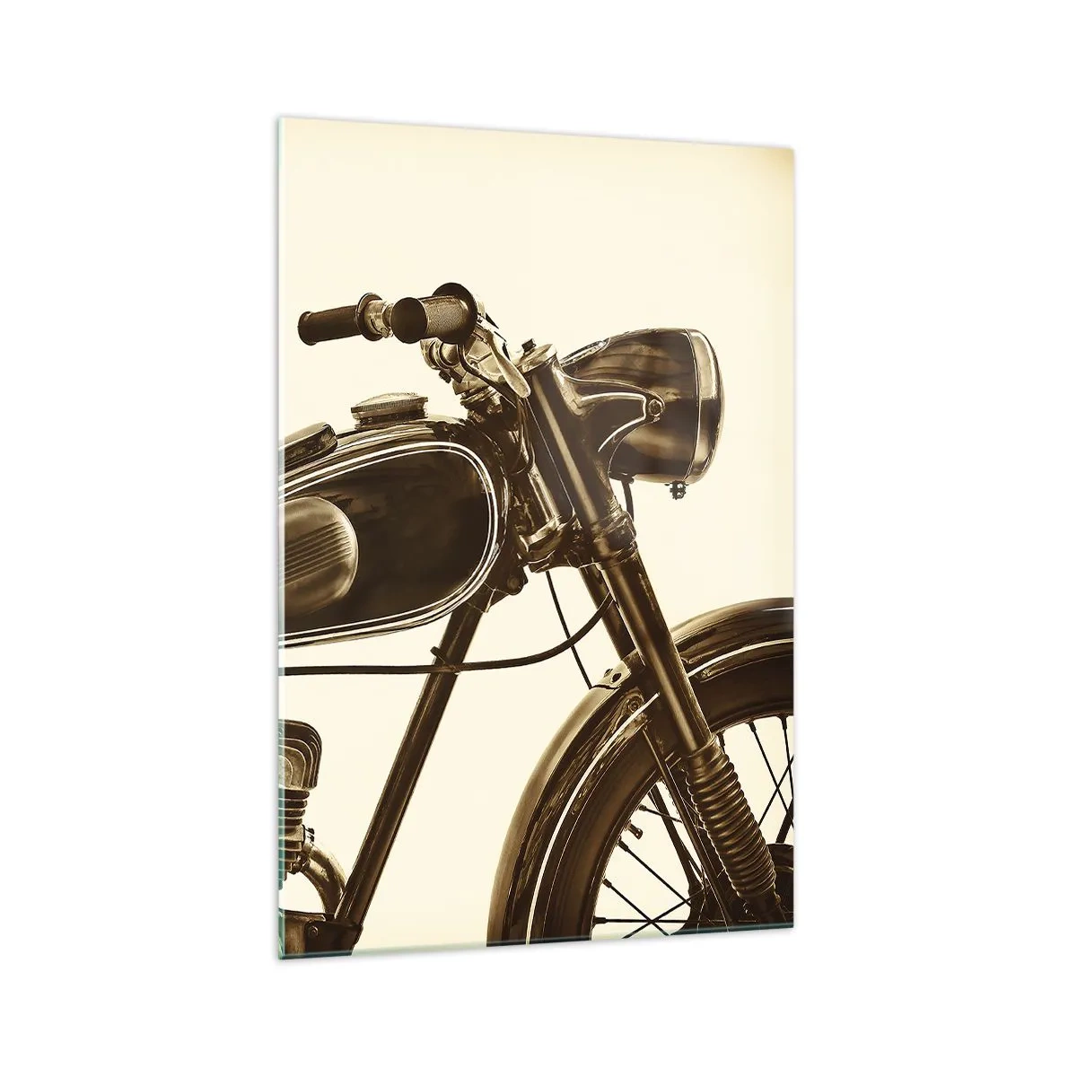 Cuadro sobre vidrio - Impresiones sobre Vidrio - Una motocicleta retro vintage sobre un fondo claro. - 70x100cm - Añoranza de los clásicos - Decoración de pared moderna para salón y dormitorio ARTTOR
