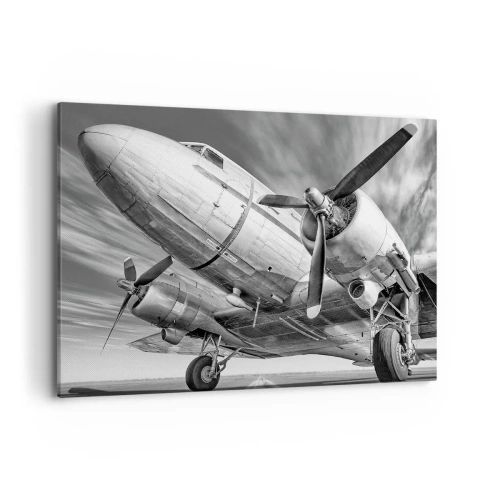 Cuadro sobre lienzo - Impresión de Imagen - Una imagen en blanco y negro de un avión clásico con detalles estructurales visibles. - 100x70cm - Siempre listo para volar - Decoración de pared moderna para salón y dormitorio ARTTOR