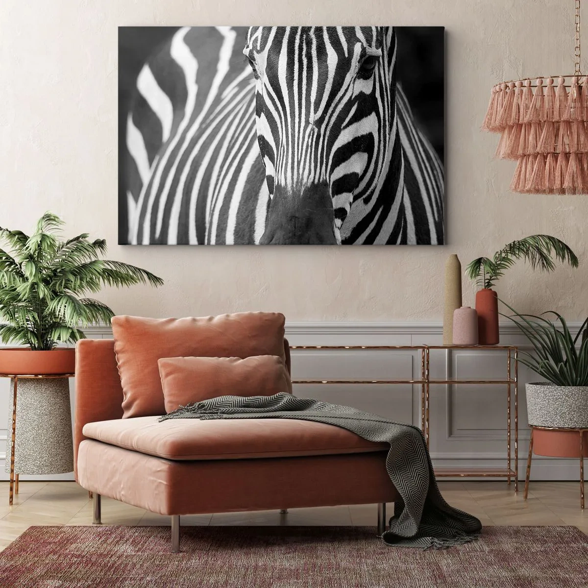 Cuadro sobre lienzo - Impresión de Imagen - Un primer plano en blanco y negro de una cebra con sus distintivas rayas. - 70x50cm - El mundo es blanco y negro - Decoración de pared moderna para salón y dormitorio ARTTOR
