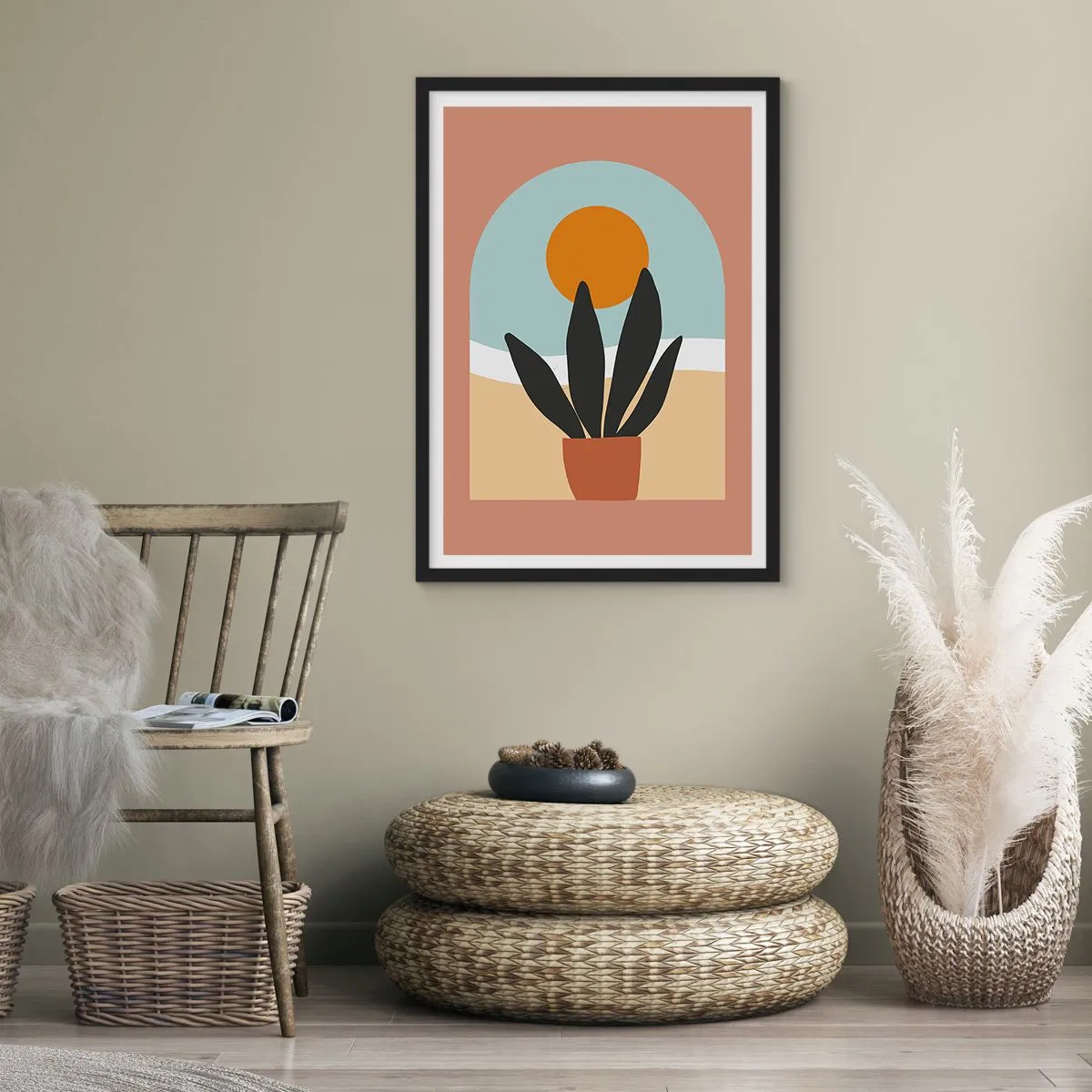 Póster en marco negro - Una planta en maceta delante de un arco con una puesta de sol de fondo. - 50x70cm - Pequeñas alegrías - Decoración de pared moderna para salón y dormitorio ARTTOR