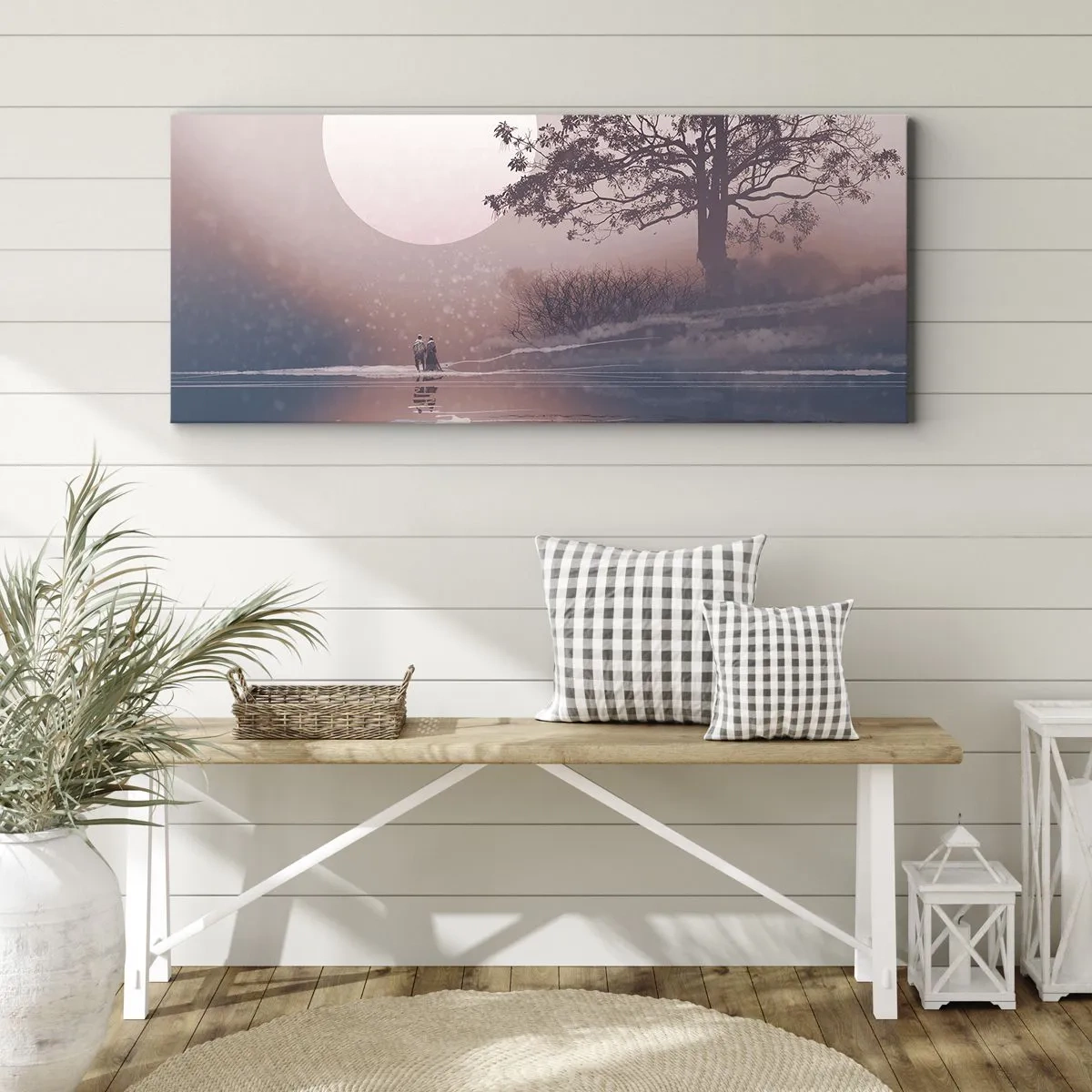 Cuadro sobre lienzo - Impresión de Imagen - Escena romántica con la luna y un árbol junto al agua. - 160x50cm - Rarezas nocturnas - Decoración de pared moderna para salón y dormitorio ARTTOR