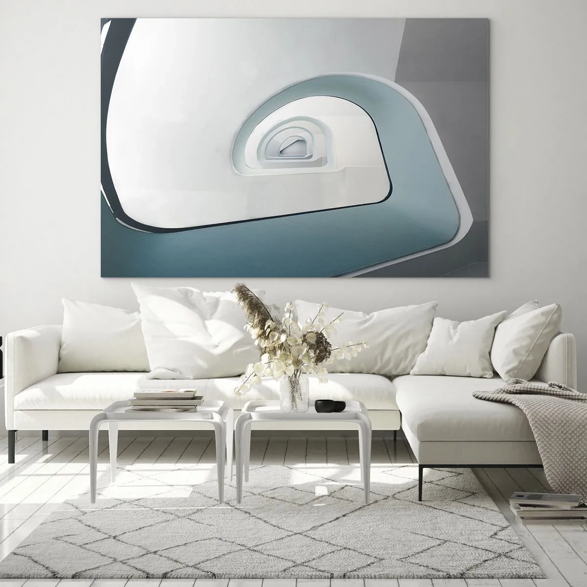 Cuadro sobre vidrio - Impresiones sobre Vidrio - Una escalera moderna en perspectiva abstracta. - 70x50cm - Espiral del río azul - Decoración de pared moderna para salón y dormitorio ARTTOR