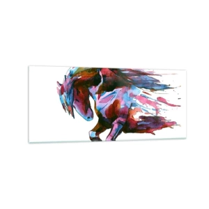 Cuadro sobre vidrio - Impresiones sobre Vidrio - Un caballo en colores abstractos dinámicos que simboliza la libertad. - 120x50cm - En éxtasis - Decoración de pared moderna para salón y dormitorio ARTTOR