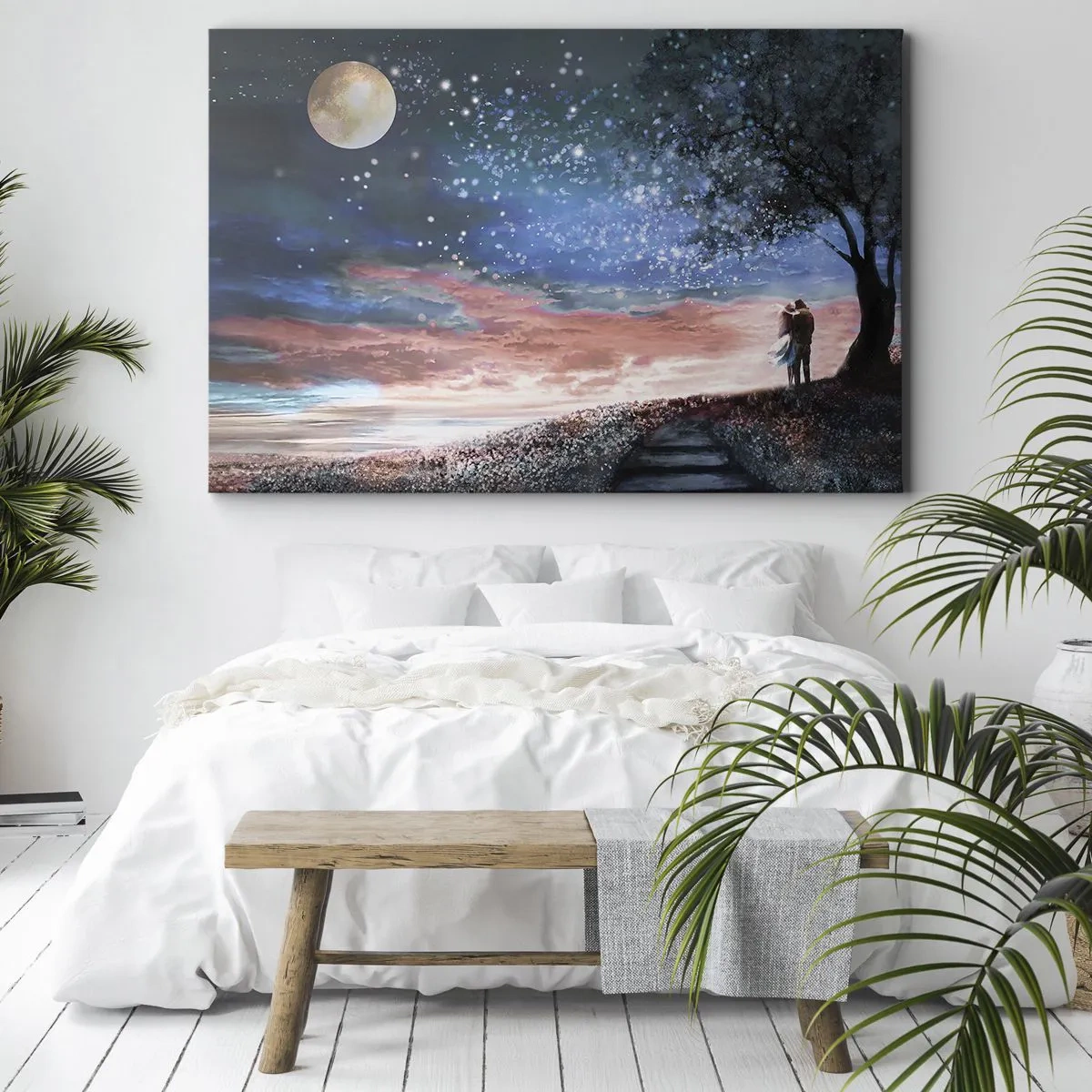 Cuadro sobre lienzo - Impresión de Imagen - Escena romántica de pareja bajo la luna llena - 70x50cm - Un espectáculo estelar - Decoración de pared moderna para salón y dormitorio ARTTOR