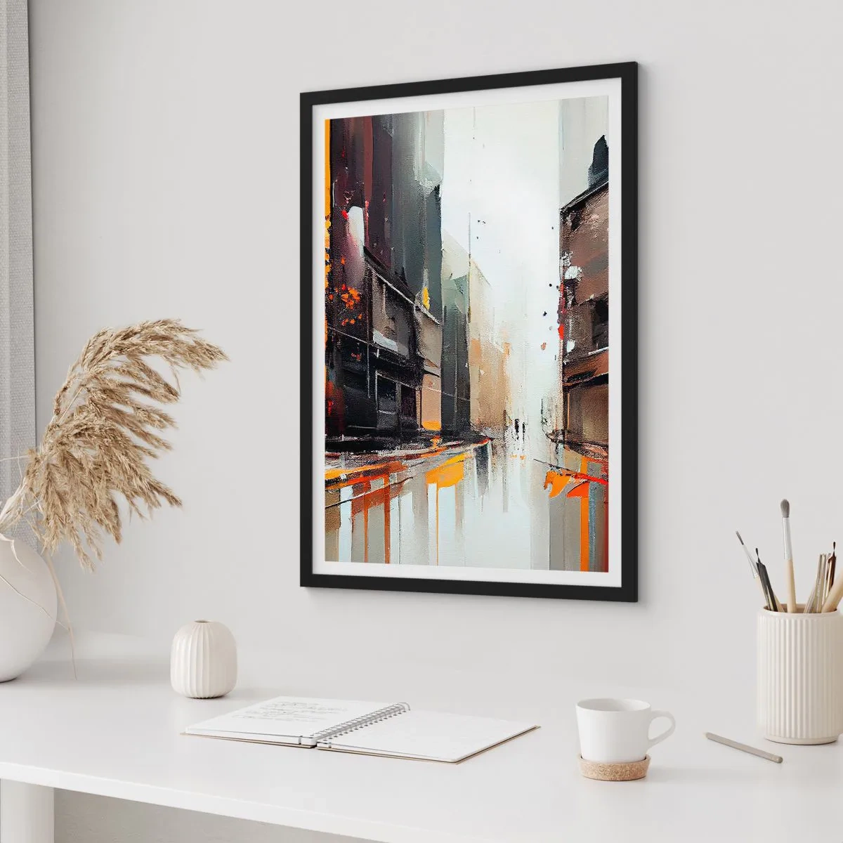 Póster en marco negro - Panorama abstracto de la ciudad en tonos grises y naranjas - 50x70cm - Día lluvioso - Decoración de pared moderna para salón y dormitorio ARTTOR