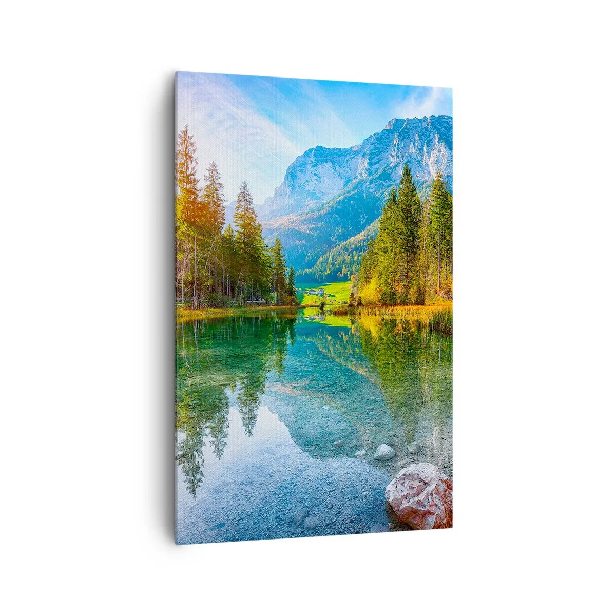 Cuadro sobre lienzo - Impresión de Imagen - Un pintoresco lago rodeado de montañas y bosques. - 80x120cm - La dulzura del otoño - Decoración de pared moderna para salón y dormitorio ARTTOR