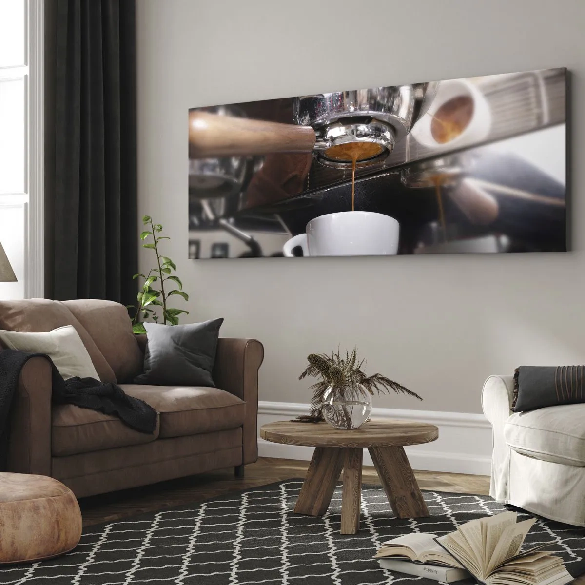 Cuadro sobre lienzo - Impresión de Imagen - Primer plano de una máquina de café preparando una dosis fresca de espresso - 160x50cm - El mejor momento del día - Decoración de pared moderna para salón y dormitorio ARTTOR