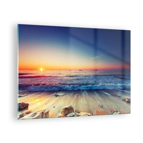 Cuadro sobre vidrio - Impresiones sobre Vidrio - Puesta de sol sobre la playa con suaves olas y un mar en calma. - 70x50cm - ¿Y qué hay tras el horizonte? - Decoración de pared moderna para salón y dormitorio ARTTOR