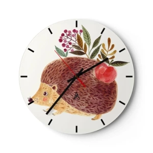 Reloj de pared - Reloj de vidrio - Erizo con una manzana y ramitas sobre un fondo claro - 30x30cm - Y ya te gusto - Decoración de pared moderna para salón, cocina y dormitorio ARTTOR