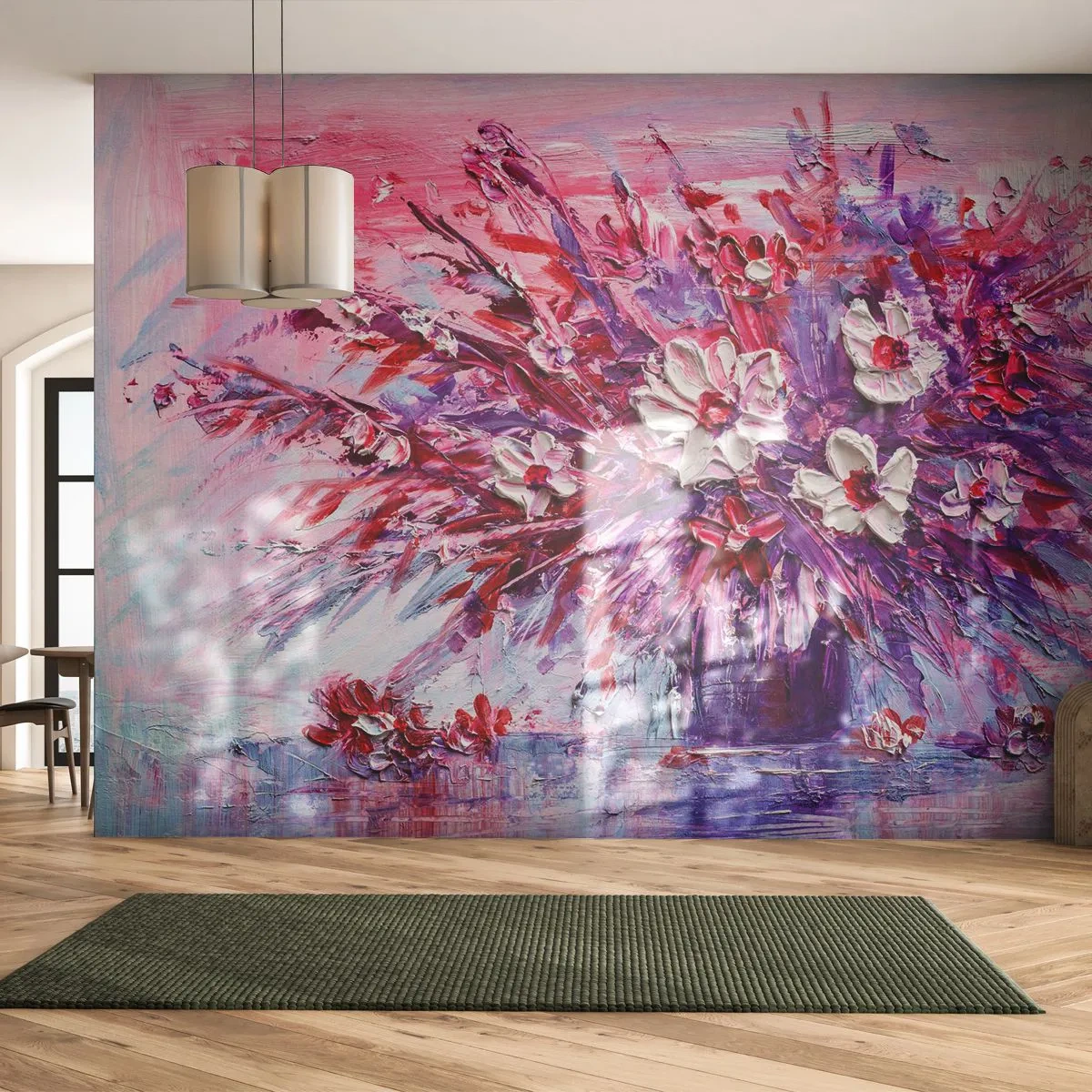 Fotomural Premium Sand - Un arreglo floral pictórico en tonos rosa y morado. - 100x70cm - Inocencia y pasión - Decoración de pared moderna para salón y dormitorio ARTTOR