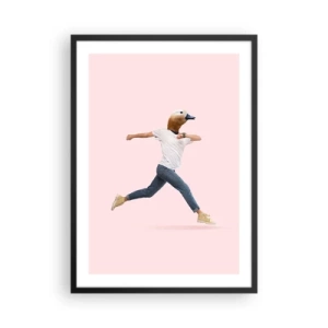 Póster en marco negro - Una figura corriendo con cabeza de pájaro sobre un fondo rosa. - 50x70cm - Una pizca de absurdez - Decoración de pared moderna para salón y dormitorio ARTTOR