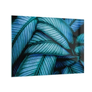 Cuadro sobre vidrio - Impresiones sobre Vidrio - Un primer plano de hojas turquesas con una textura intensa. - 70x50cm - Líneas de vida - Decoración de pared moderna para salón y dormitorio ARTTOR